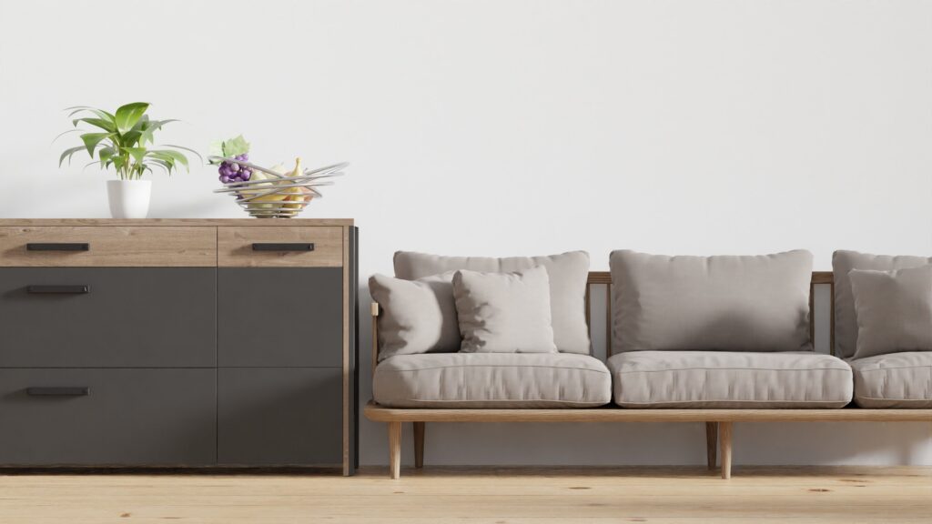 pexels-photo-12277021-12277021 A stylish minimalist living room with a modern sofa and a wooden chest of drawers.